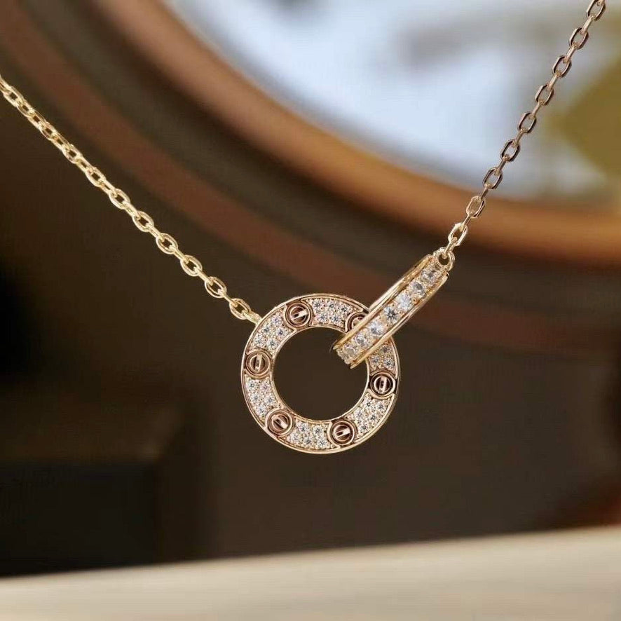 [Star Jewelry]LOVE 7.6MM NECKLACE ROSE GOLD AND SILVER  FULL DIAMOND
