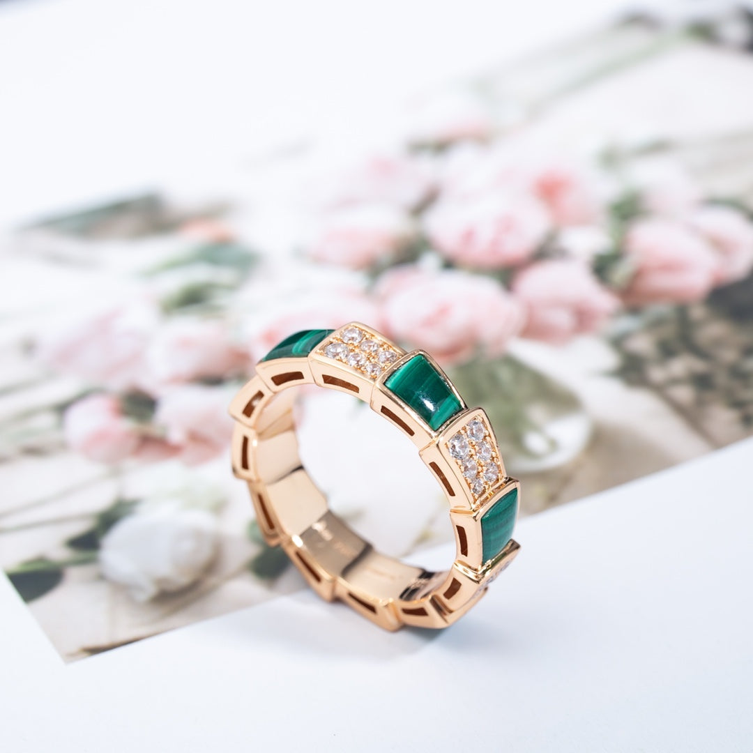 [Star Jewelry]SERPENTI RING PINK GOLD MALACHITE DIAMOND PAVED 4MM