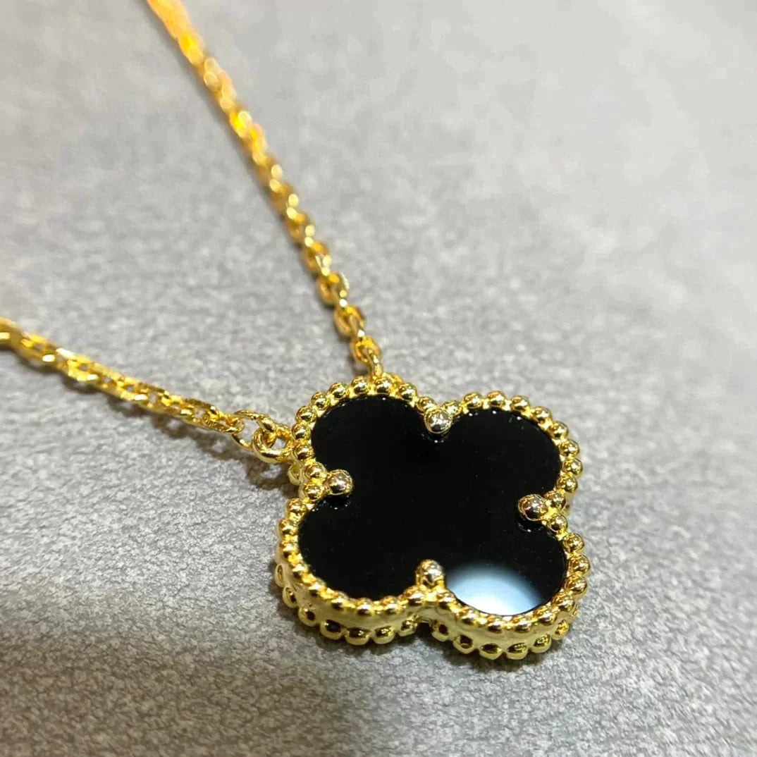 [Star Jewelry]CLOVER 15MM BLACK ONYX SINGLE FLOWER NECKLACE