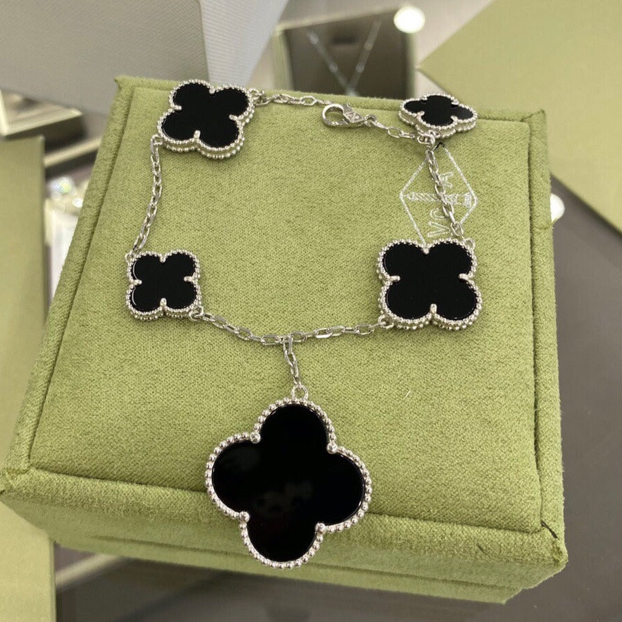 [Star Jewelry]CLOVER 5 MOTIFS SIVLER ONYX BRACELET