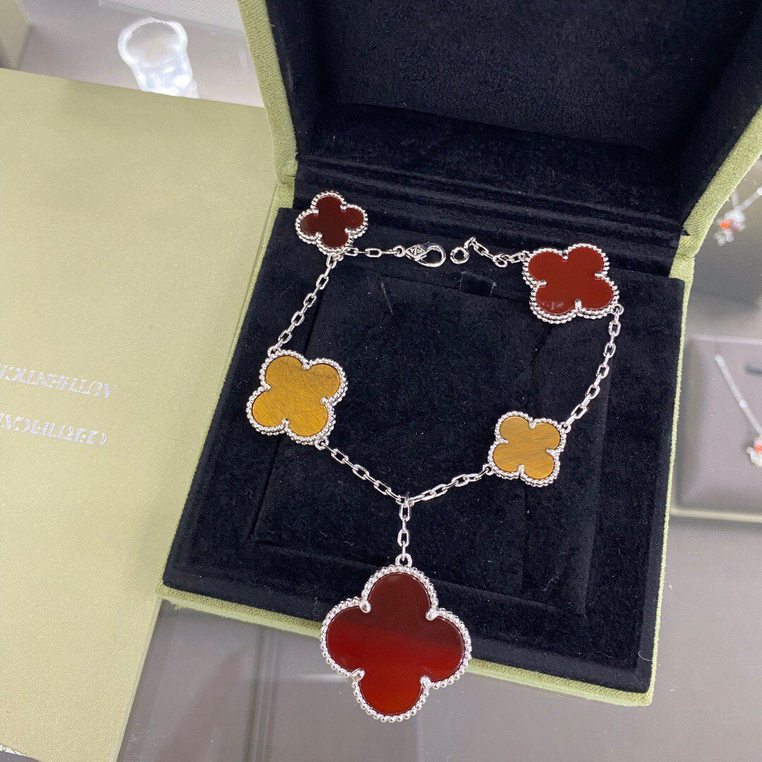 [Star Jewelry]CLOVER 5 MOTIFS SIVLER CARNELIAN TIGER EYE BRACELET