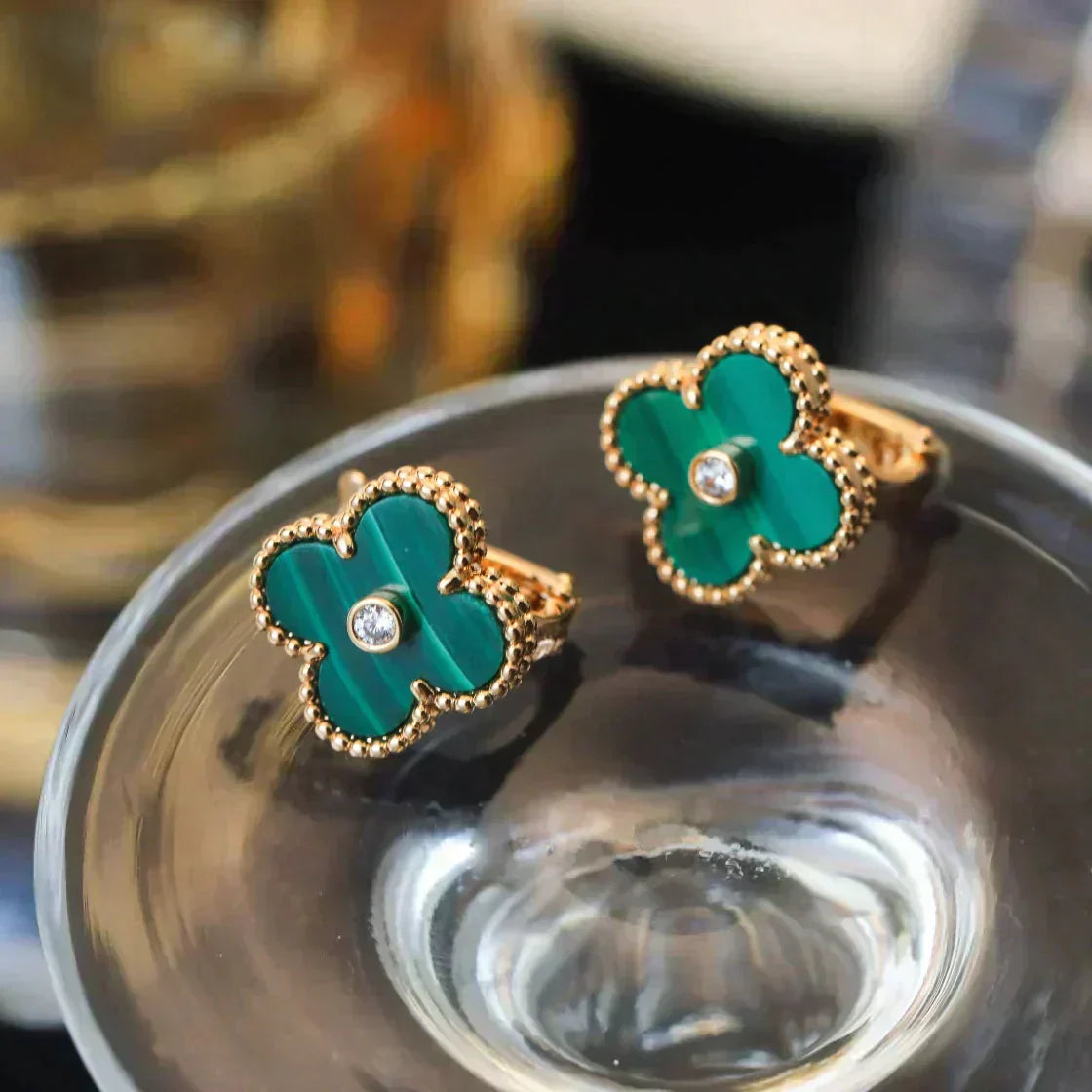 [Star Jewelry]CLOVER MEDIUM 1 MOTIFS MALACHITE DIAMOND EARRINGS