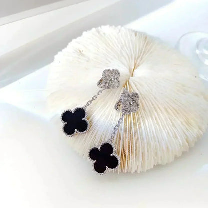 [Star Jewelry]CLOVER 2 MOTIFS  DIAMOND ONYX EARRINGS SILVER