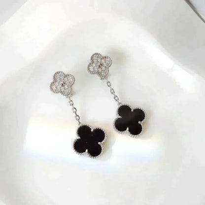 [Star Jewelry]CLOVER 2 MOTIFS  DIAMOND ONYX EARRINGS SILVER