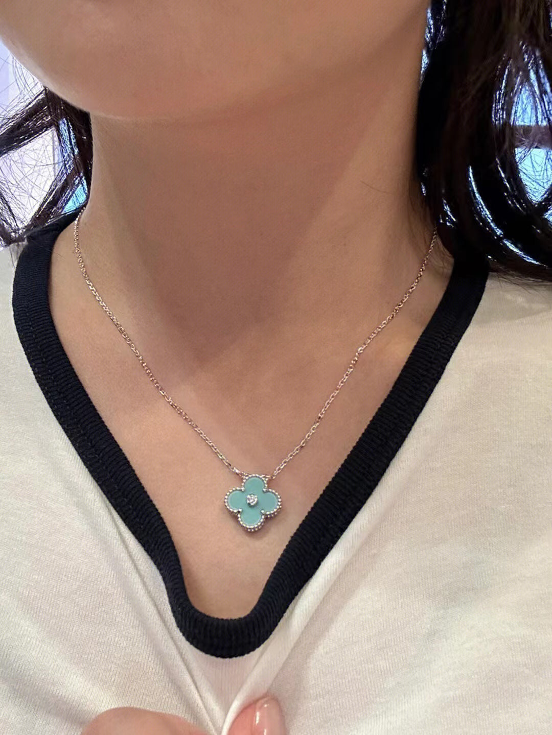[Star Jewelry]CLOVER 1 DIAMOND LIGHT BLUE SILVER NECKLACE