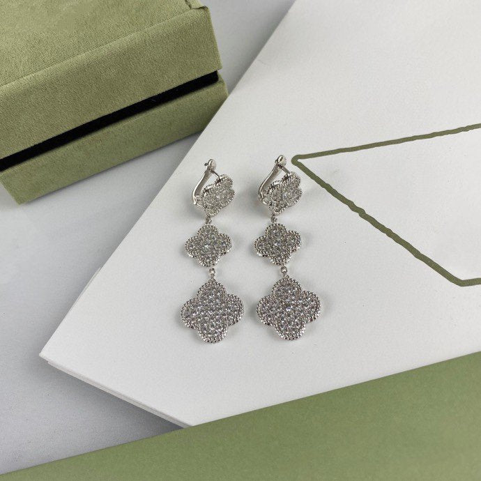 [Star Jewelry]CLOVER 3 MOTIF DIAMOND SILVER DROP EARRINGS