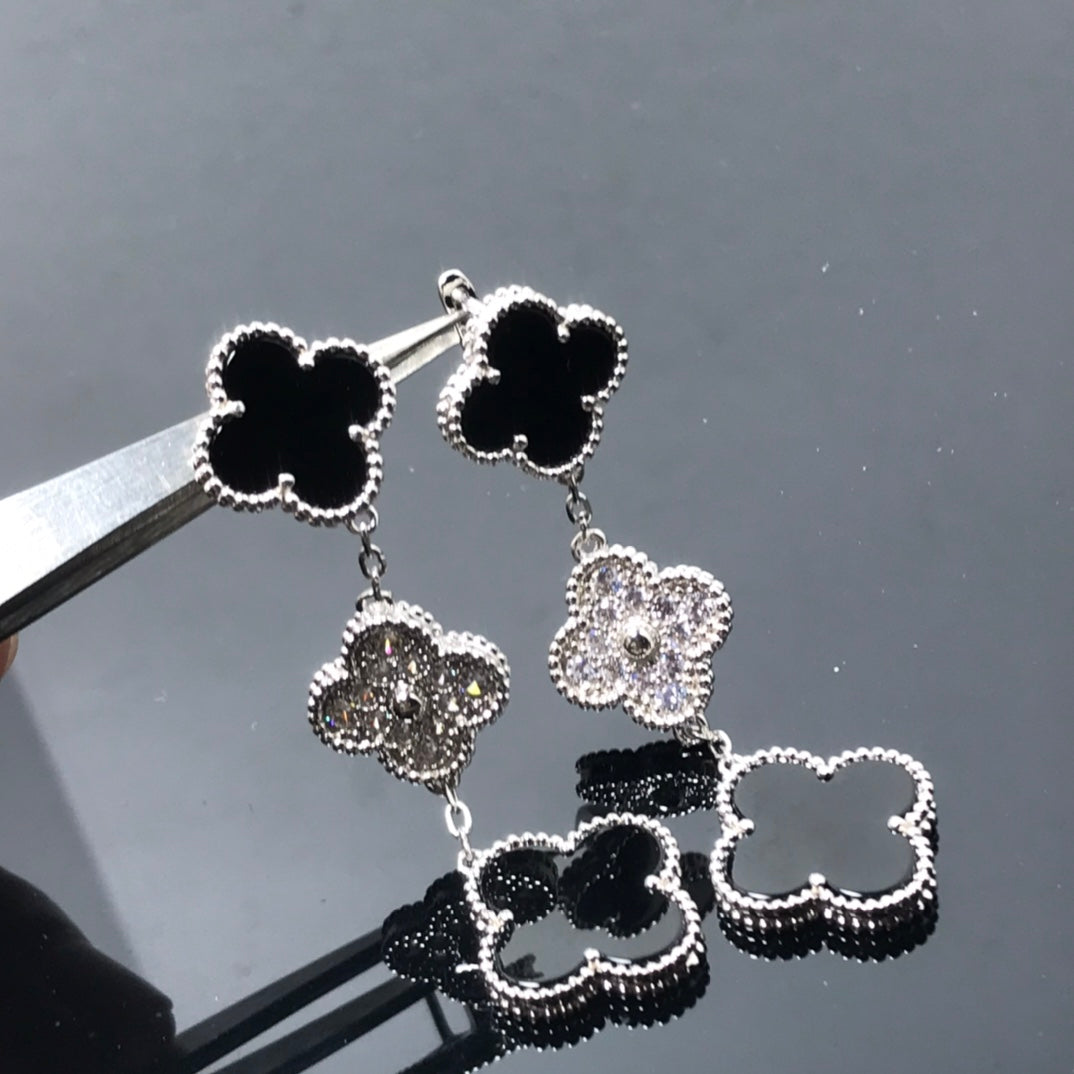 [Star Jewelry]CLOVER 3 MOTIF DIAMOND ONYX SILVER EARRINGS