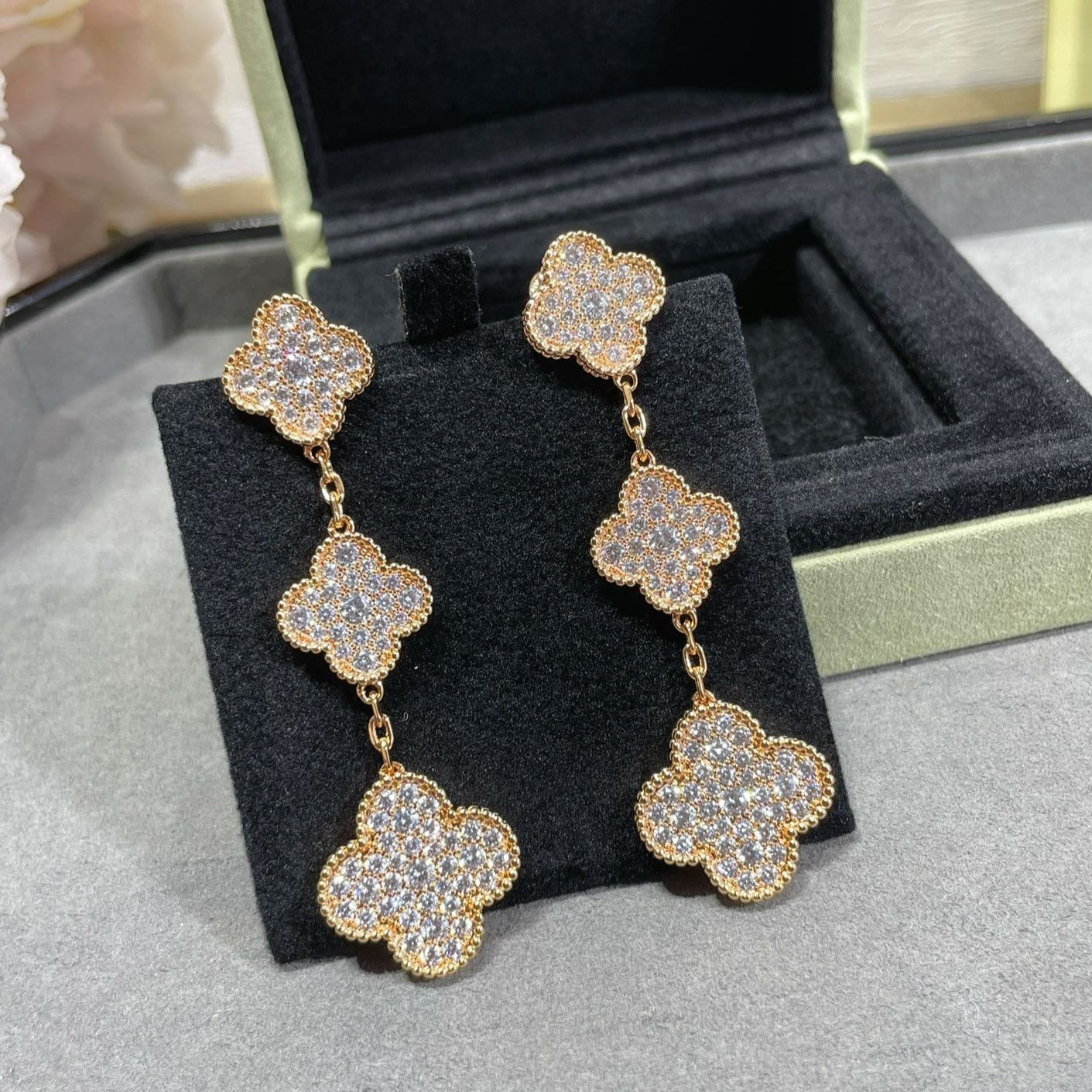[Star Jewelry]CLOVER 3 MOTIFS DIAMOND PAVED ROSE GOLD EARRINGS