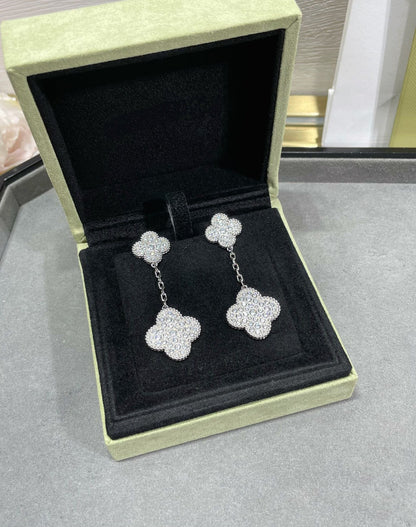 [Star Jewelry]CLOVER 2 MOTIFS DIAMOND PAVED SILVER EARRINGS