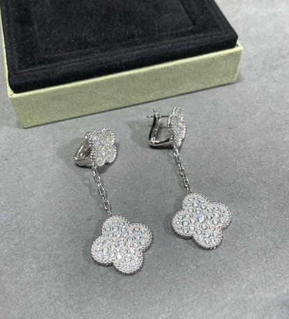 [Star Jewelry]CLOVER 2 MOTIFS DIAMOND PAVED SILVER EARRINGS