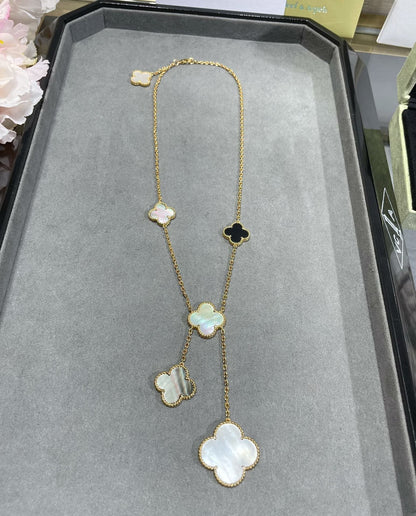[Star Jewelry]CLOVER 6 MOTIF MOP ONYX GOLD NECKLACE