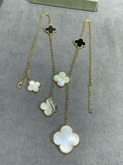 [Star Jewelry]CLOVER 6 MOTIF MOP ONYX GOLD NECKLACE