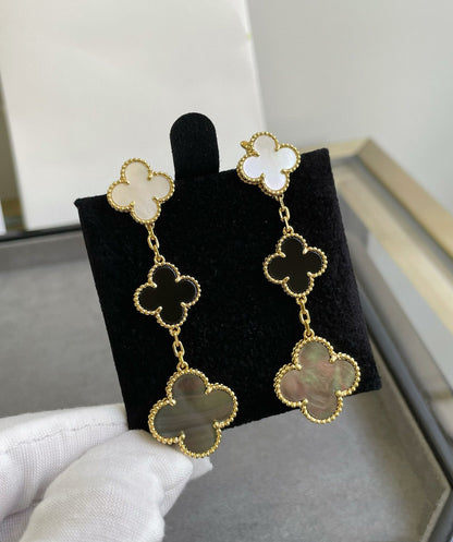 [Star Jewelry]CLOVER 3 MOTIF MOP ONYX DARK MOP PINK GOLD EARRINGS