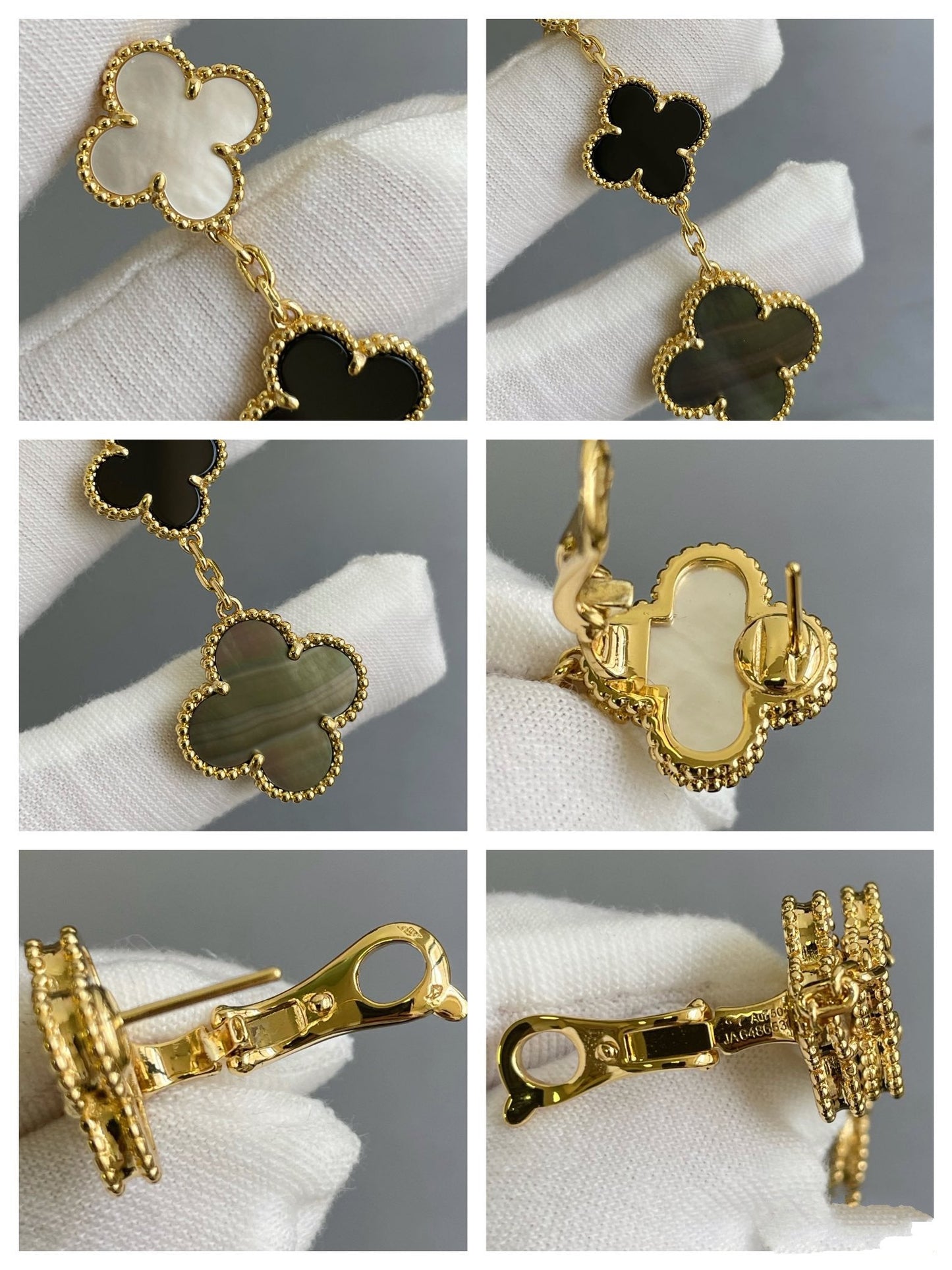 [Star Jewelry]CLOVER 3 MOTIF MOP ONYX DARK MOP PINK GOLD EARRINGS
