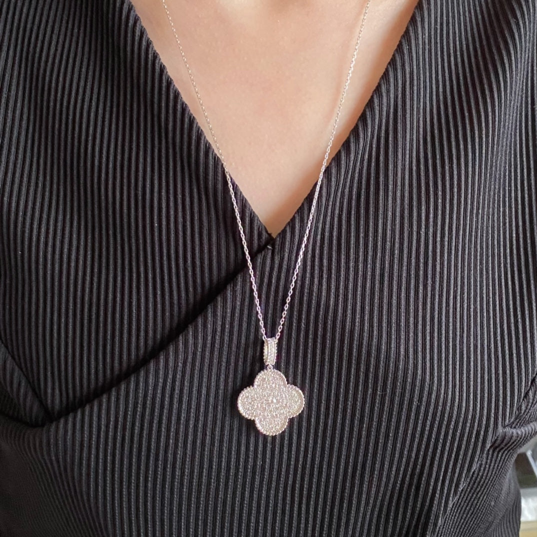 [Star Jewelry]CLOVER 25MM LARGE PEDANT DIAMOND PAVED LONG NECKLACE