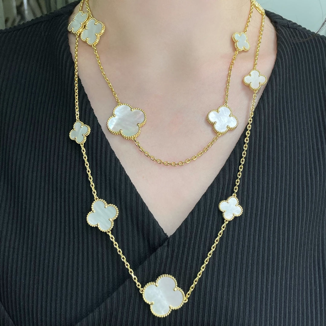 [Star Jewelry]CLOVER 16 MOTIF WHITE MOP GOLD NECKLACE