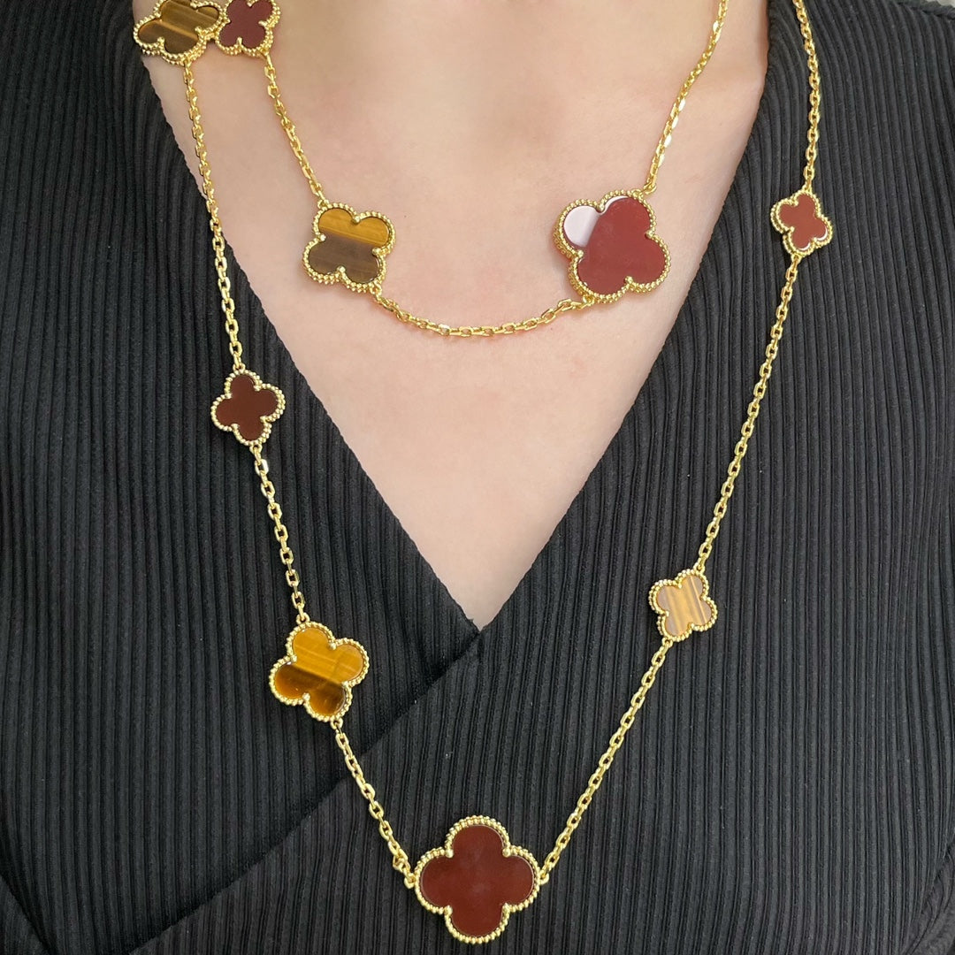 [Star Jewelry]CLOVER 16 MOTIF CARNELIAN TIGER EYE ROSE GOLD NECKLACE