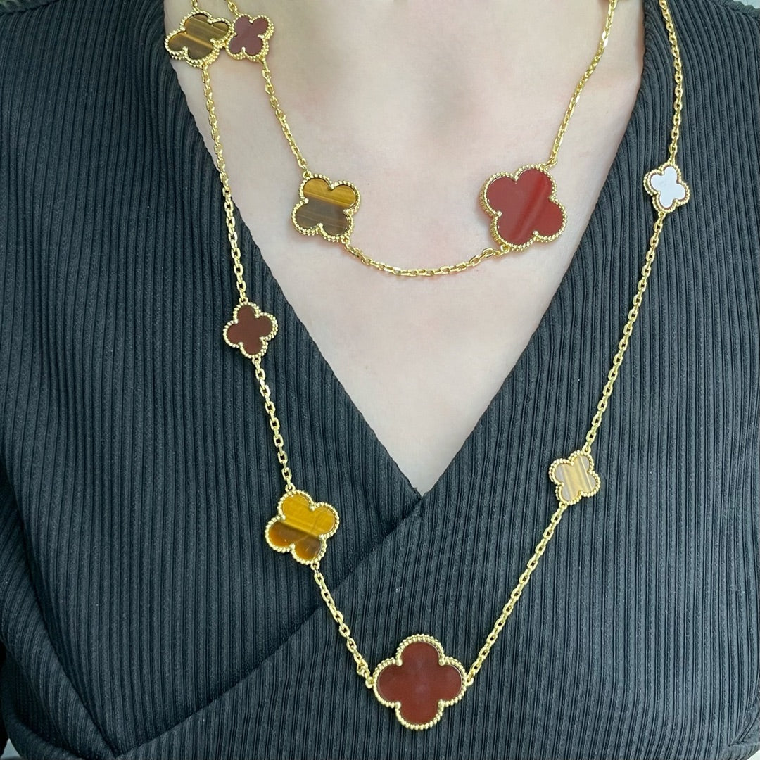 [Star Jewelry]CLOVER 16 MOTIF CARNELIAN TIGER EYE ROSE GOLD NECKLACE