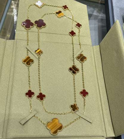 [Star Jewelry]CLOVER 16 MOTIF CARNELIAN TIGER EYE ROSE GOLD NECKLACE