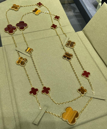 [Star Jewelry]CLOVER 16 MOTIF CARNELIAN TIGER EYE ROSE GOLD NECKLACE