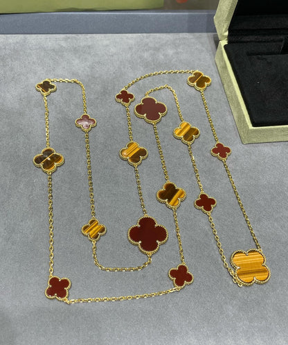 [Star Jewelry]CLOVER 16 MOTIF CARNELIAN TIGER EYE ROSE GOLD NECKLACE