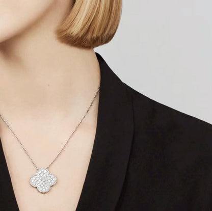 [Star Jewelry]CLOVER 25MM LARGE PENDANT DIAMOND PAVED SILVER NECKLACE
