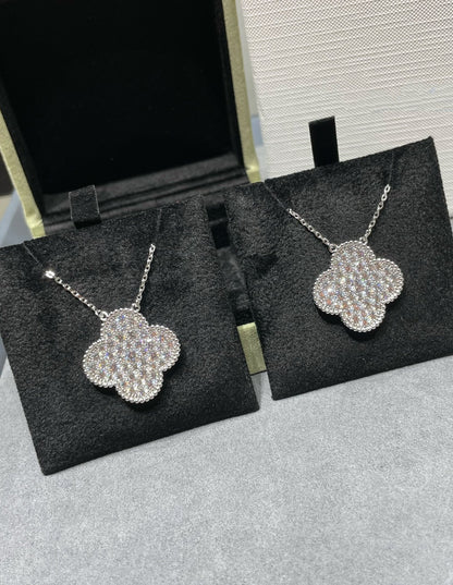 [Star Jewelry]CLOVER 25MM LARGE PENDANT DIAMOND PAVED SILVER NECKLACE