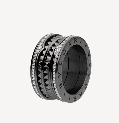 [Star Jewelry]ZERO 1 ROCK FOUR-BAND BLACK CERAMIC WITH STUDDED SPIRAL AND PAVED DIAMONDS RING