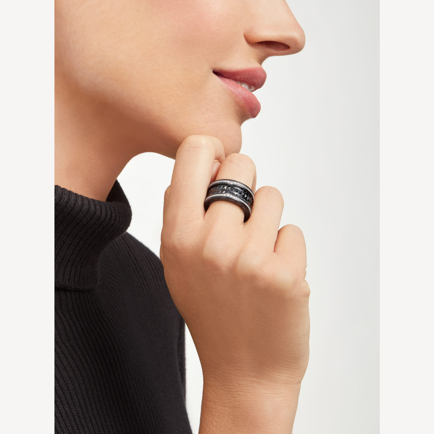 [Star Jewelry]ZERO 1 ROCK FOUR-BAND BLACK CERAMIC WITH STUDDED SPIRAL AND PAVED DIAMONDS RING