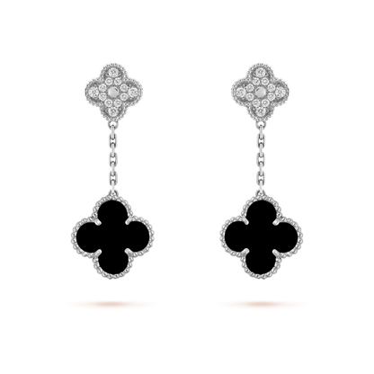 [Star Jewelry]CLOVER 2 MOTIFS  DIAMOND ONYX EARRINGS SILVER