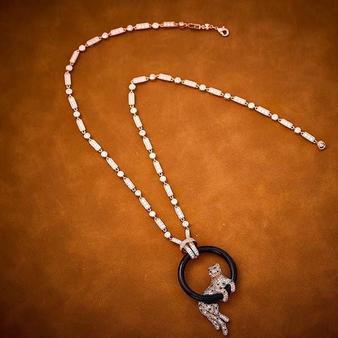 [Star Jewelry jewelrys]NEW BLACK CIRCLE PANTHER FULL DIAMOND NECKLACE