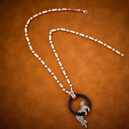 [Star Jewelry jewelrys]NEW BLACK CIRCLE PANTHER FULL DIAMOND NECKLACE