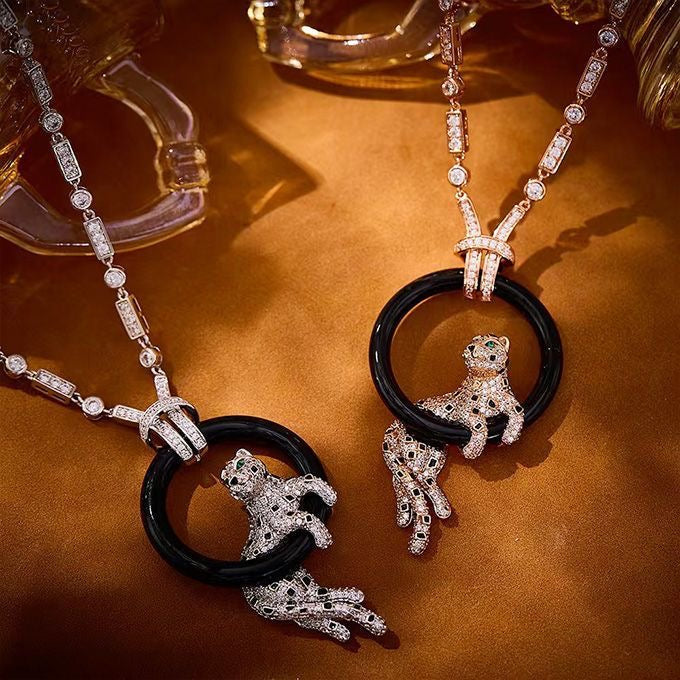 [Star Jewelry jewelrys]NEW BLACK CIRCLE PANTHER FULL DIAMOND NECKLACE