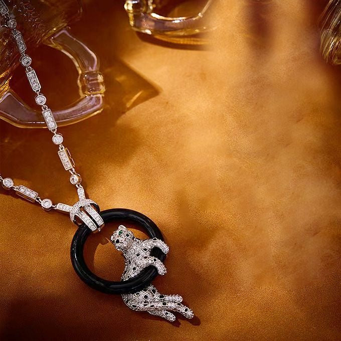 [Star Jewelry jewelrys]NEW BLACK CIRCLE PANTHER FULL DIAMOND NECKLACE