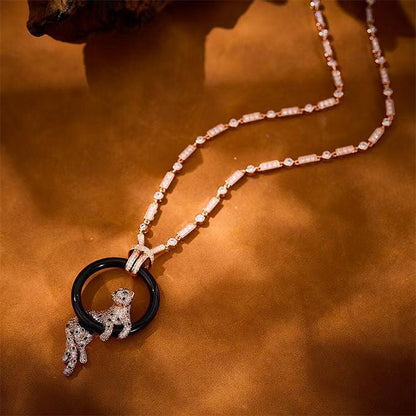[Star Jewelry jewelrys]NEW BLACK CIRCLE PANTHER FULL DIAMOND NECKLACE