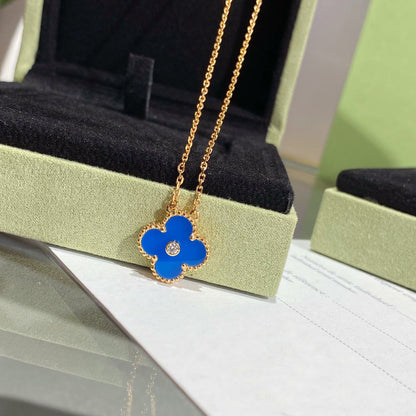 [Star Jewelry]CLOVER 15MM DIAMOND AND BLUE AGATE NECKLACE