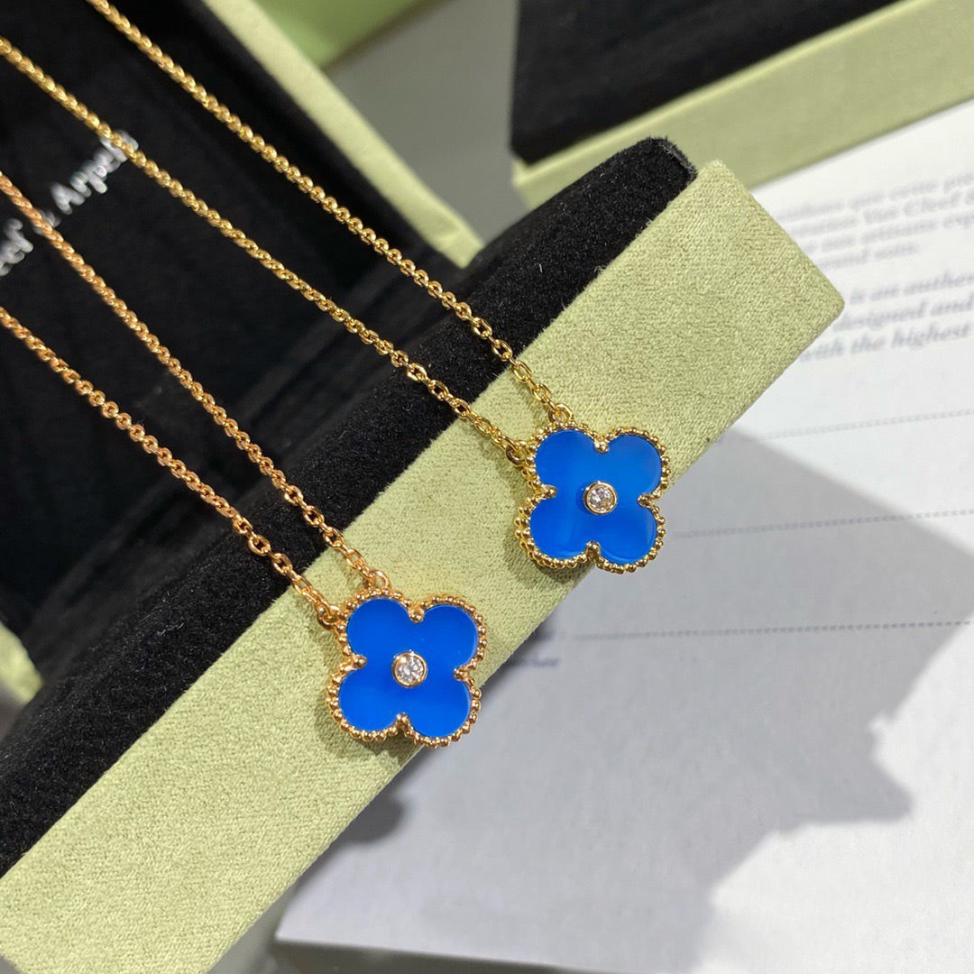 [Star Jewelry]CLOVER 15MM DIAMOND AND BLUE AGATE NECKLACE