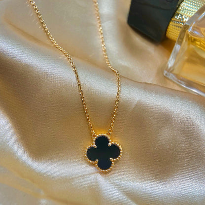 [Star Jewelry]CLOVER 15MM BLACK ONYX SINGLE FLOWER NECKLACE