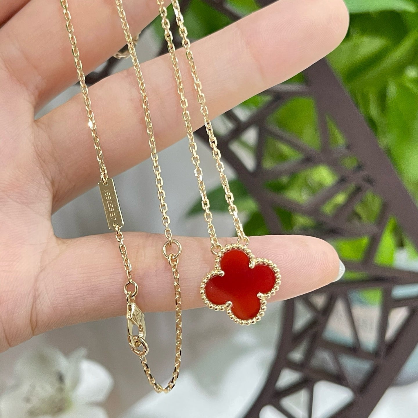 [Star Jewelry]CLOVER 15MM CARNELIAN SINGLE FLOWER NECKLACE
