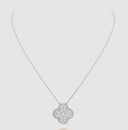 [Star Jewelry]CLOVER 25MM LARGE PENDANT DIAMOND PAVED SILVER NECKLACE