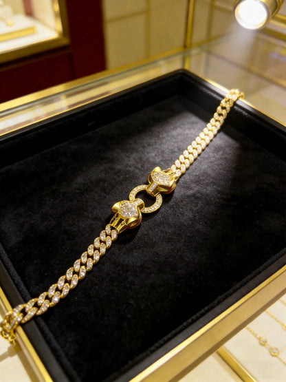[Star Jewelry] Double Panther Head Diamond-set Cuban Link Bracelet