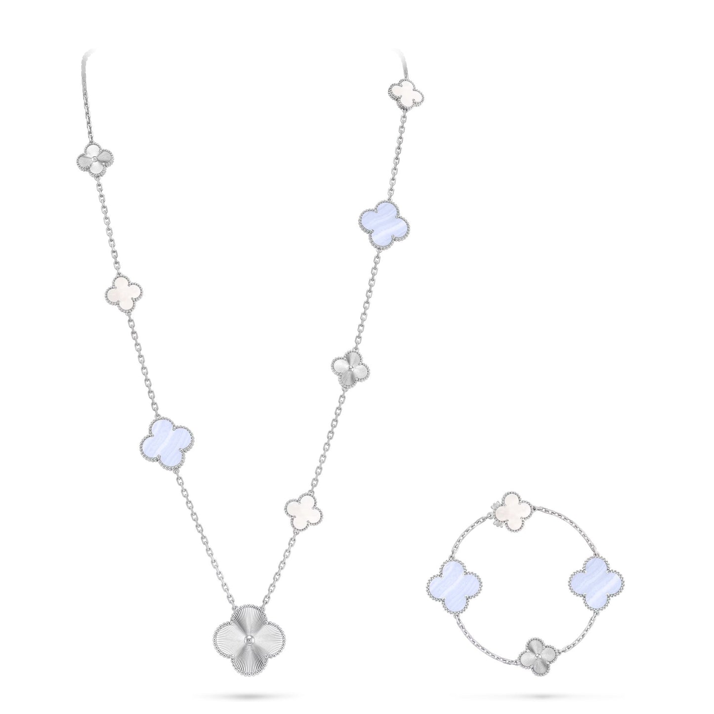 [Star Jewelry]DETACHABLE CLOVER 15(11+4) FLOWER SILVER NECKLACE SET