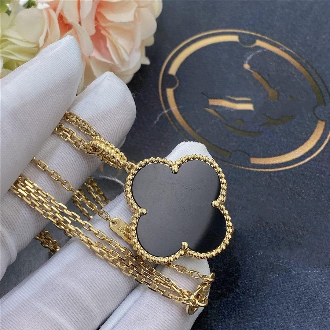 [Star Jewelry]CLOVER 25MM GOLD ONYX BIG CLOVER NECKLACE