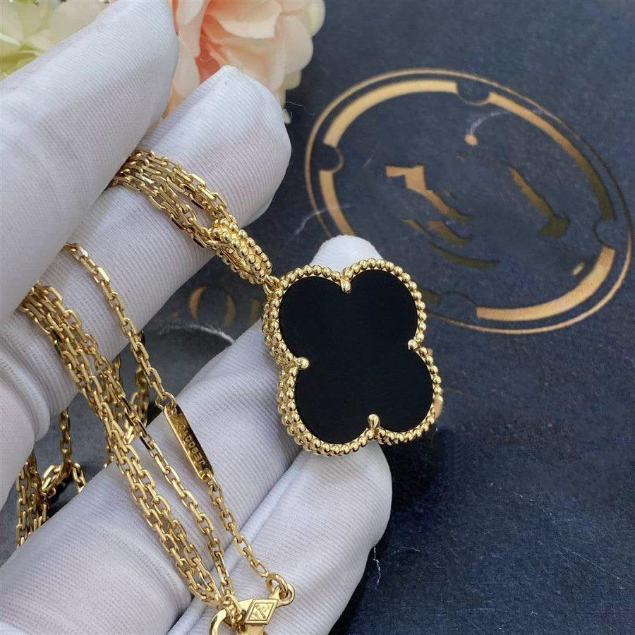 [Star Jewelry]CLOVER 25MM GOLD ONYX BIG CLOVER NECKLACE