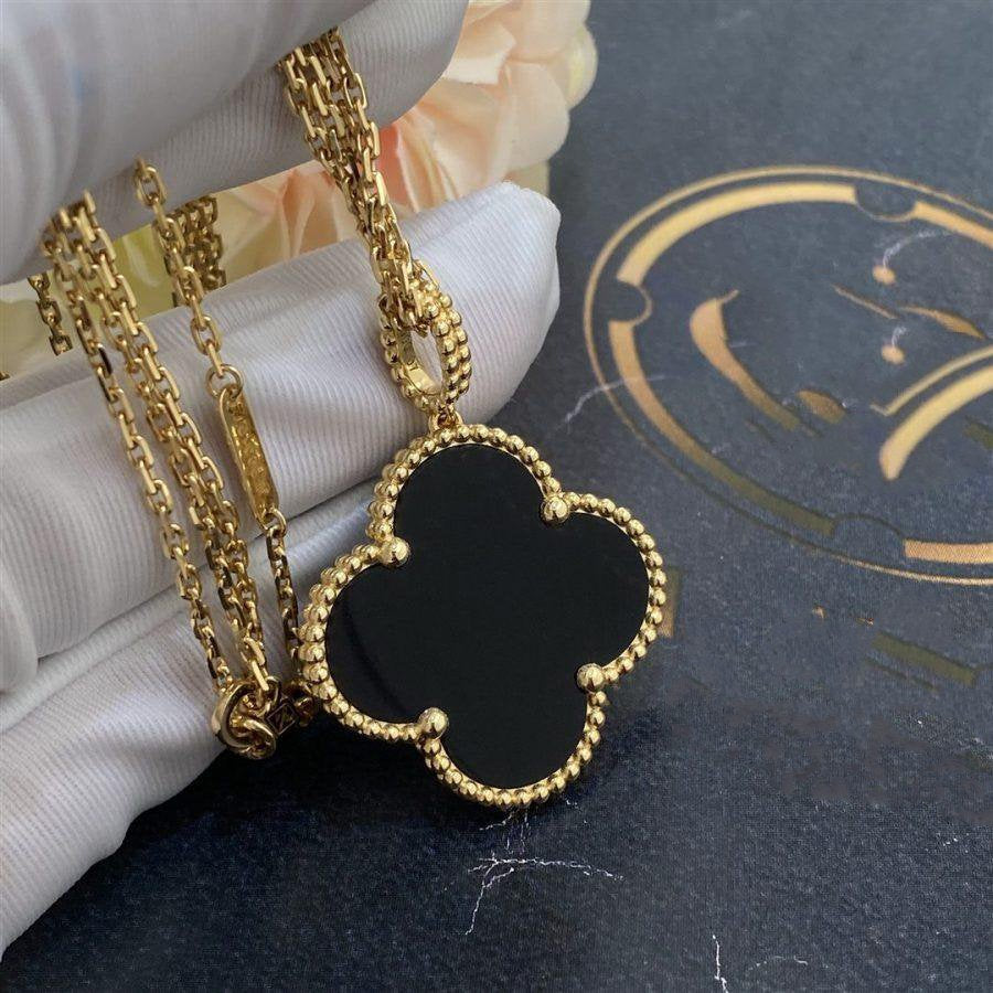 [Star Jewelry]CLOVER 25MM GOLD ONYX BIG CLOVER NECKLACE