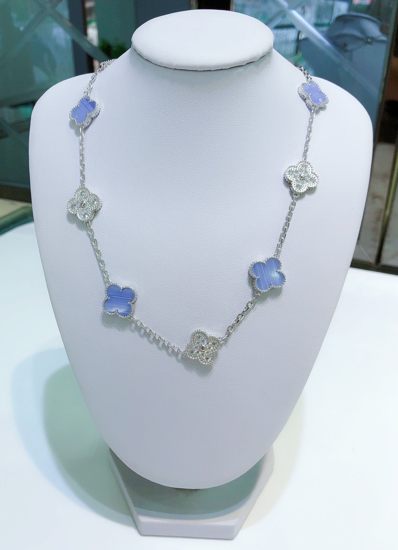 [Star Jewelry]CLOVER 10 MOTIFS CHALCEDONY DIAMONDS SILVER NECKLACE