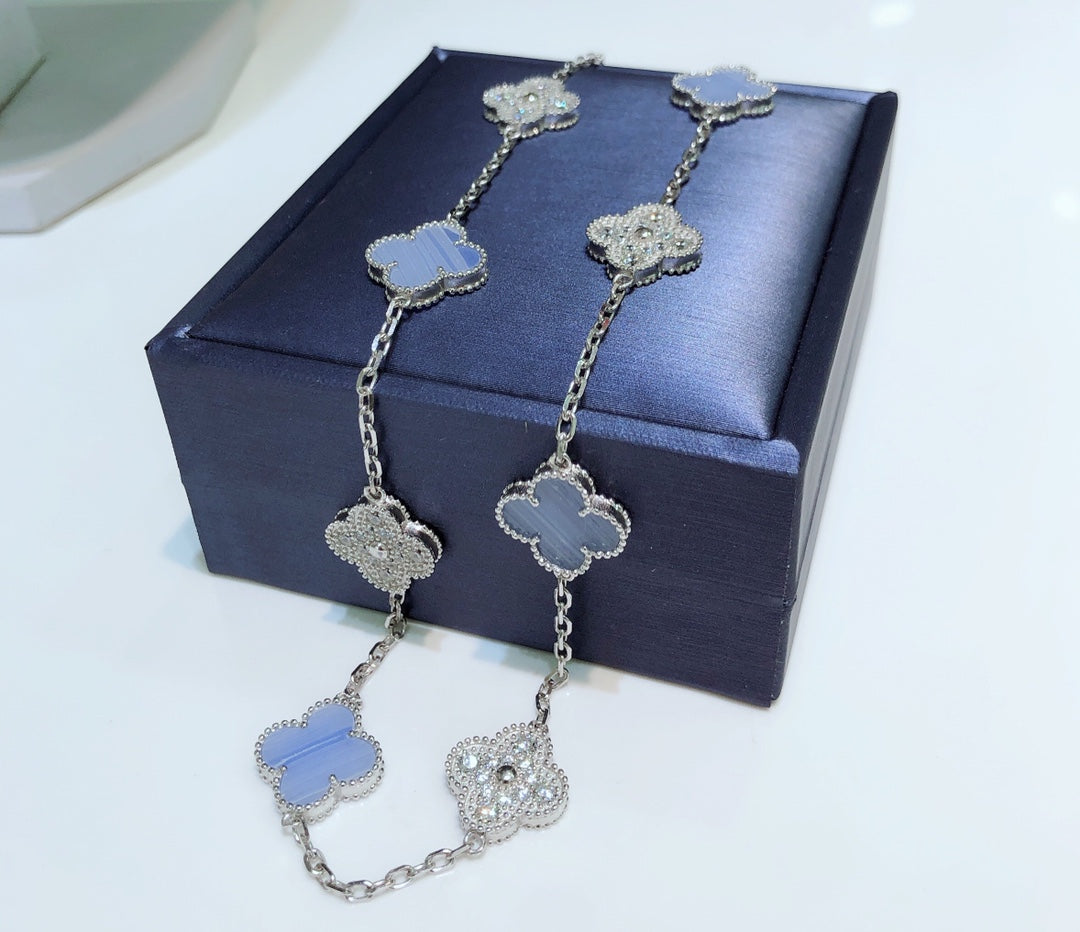 [Star Jewelry]CLOVER 10 MOTIFS CHALCEDONY DIAMONDS SILVER NECKLACE