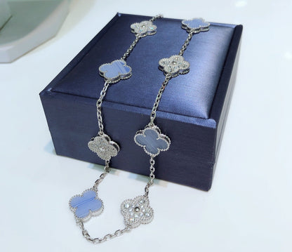 [Star Jewelry]CLOVER 10 MOTIFS CHALCEDONY DIAMONDS SILVER NECKLACE