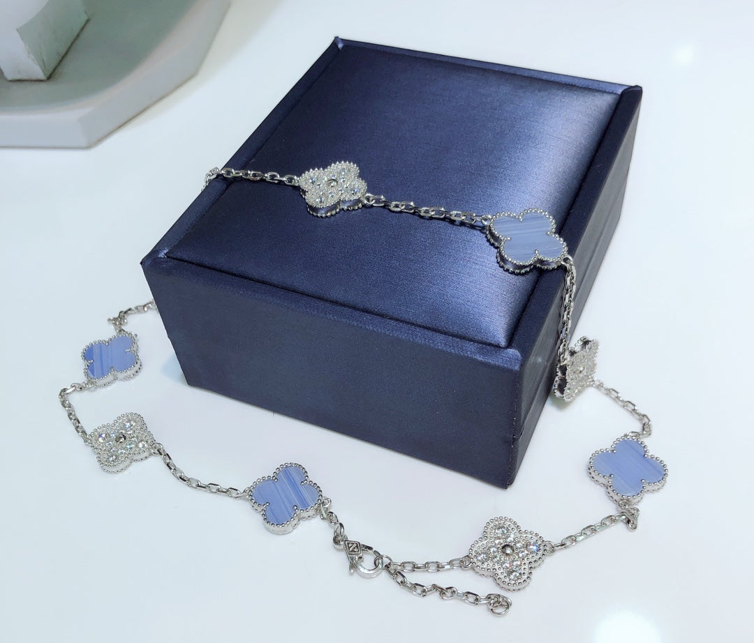 [Star Jewelry]CLOVER 10 MOTIFS CHALCEDONY DIAMONDS SILVER NECKLACE