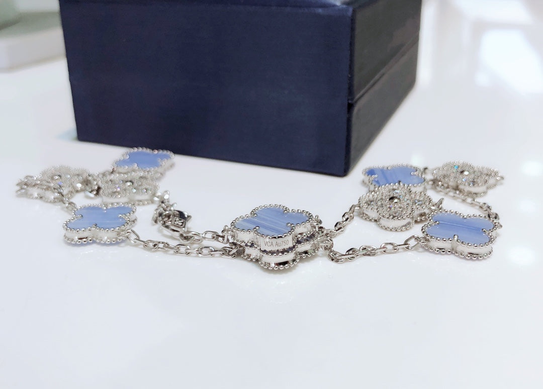 [Star Jewelry]CLOVER 10 MOTIFS CHALCEDONY DIAMONDS SILVER NECKLACE